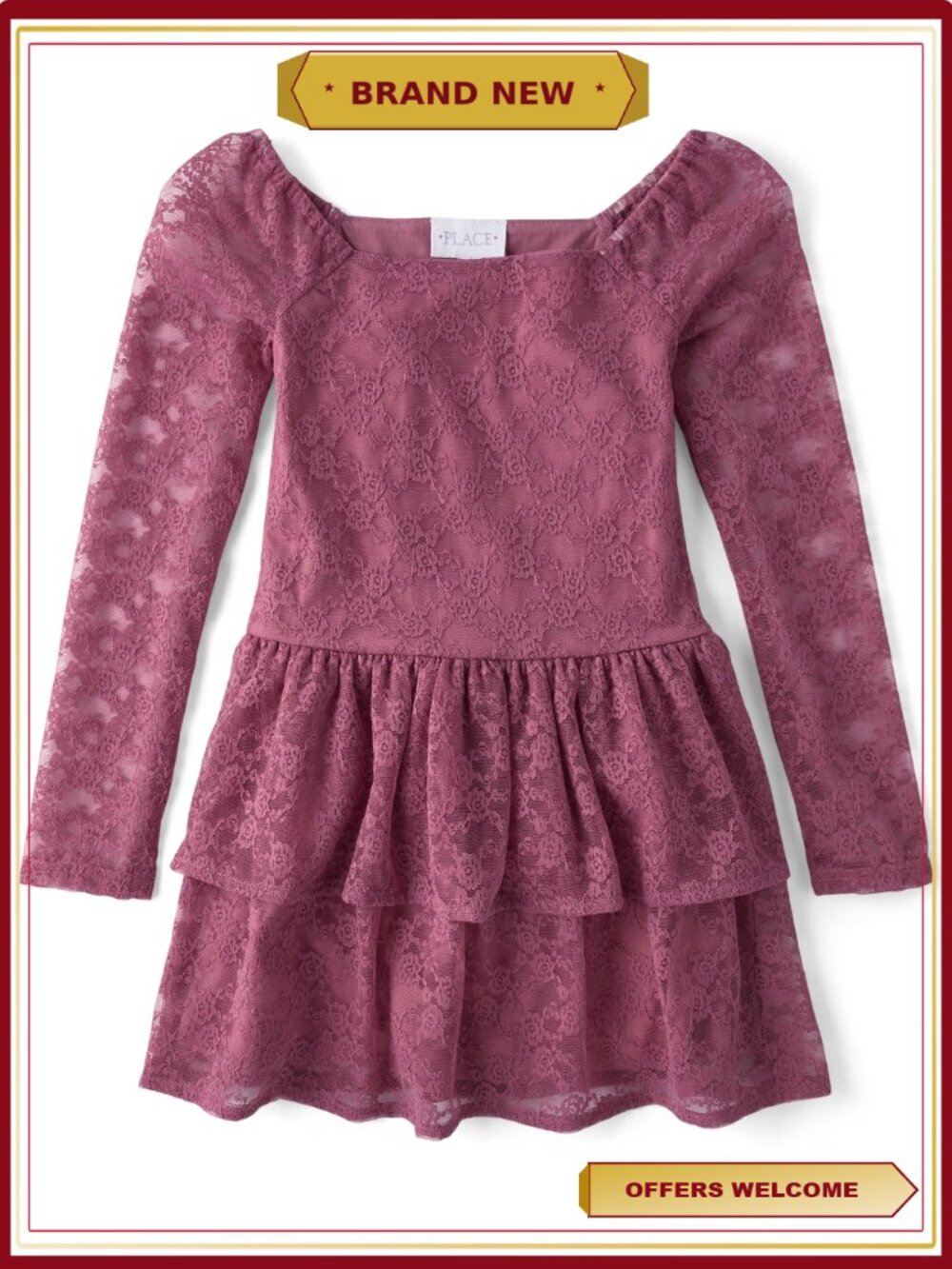 Girls Long Sleeve Tiered Lace Dress